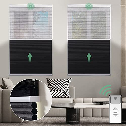 Yoolax Elektrisches Rollo Innen Smart Tag-Nacht Wabenplissees mit Fernbedienung Lichtfilterung & Verdunkelung Plissees Alexa für Wohnzimmer,Schlafzimme (Schwarz Lichtfilterung+Schwarz Verdunkelung)