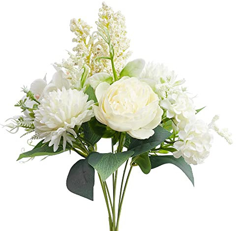 The Baked Studio – Artificial Flower Bouquet (Philippine Roses, Peonies, Dandelion Flower Balls and Foliage) – Realistic Fake Plant for Cake Decoration, Home Décor, Weddings & Crafts (Cream White)