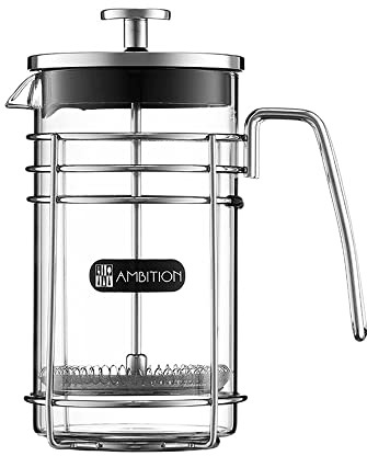 AMBITION French Press Cafetera 600 ml para el hogar, camping, cristal, marco de acero, filtro de malla fina