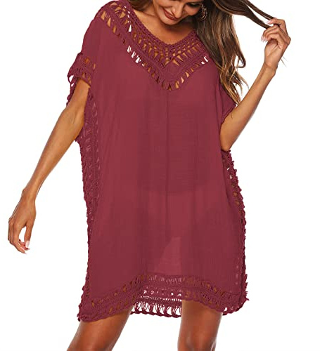 Baynetin Vestido de Playa para Mujer- Cuello en V, Manga Corta, Pareos y Camisola de Playa Sexy Hueco Traje de Baño Punto Bikini Cover up (Vino Rojo)