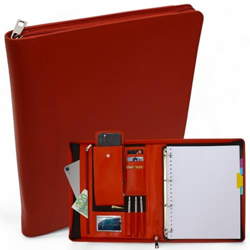 Safekeepers Konferenzmappe A4 mit Reißverschluss - Businessmappe - Ringbuch - Schreibmappe - Ledermappe A4 - Echt Rindleder - Handgefertigte Ledermappe - Laptopfach