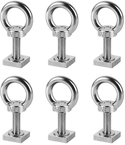efuturetime 6 X Adaptateur T-Track M8-30mm en Acier INOX, 2x2x0.5cm, Boulon Coulissant de Voiture Rail pour Barre de Toit, Vélo, M8-Écrou à Anneau