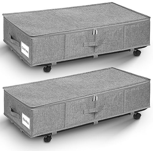 Huquter Unterbettkommode mit Rollen 360°Drehung, Unterbett Aufbewahrungsbox groß 50L mit 3 Griffe, Aufbewahrungsbox mit deckel, Ultra dicken Bettdecken Aufbewahrung, Bettkasten mit Rollen (2 Stück)