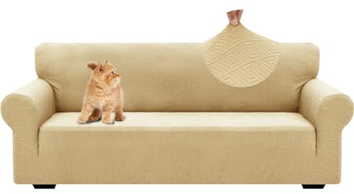 YSTELLAA Stretch Sofa Überzug 3 Sitzer, Sofaschoner rutschfest Mit Armlehne, Universal Jacquard Sofabezug, Dicke Sofabezug Für Hunde Katzen Und Haustiere, Waschbare Sofa Cover, Beige Gelb