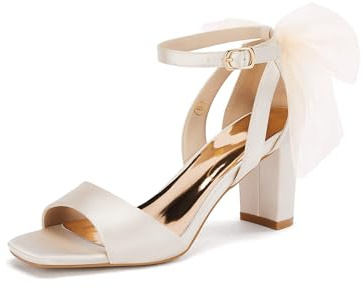 Coutgo Women's Bow Tie Heeled Sandals Chunky Heels One Strap Satin Ankle Buckle Dress Wedding Shoes, Beige, Size 7