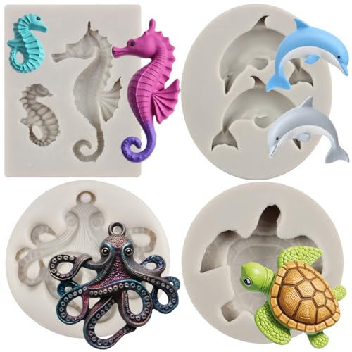 MYPRACS 4 Stück Meeresschildkröte Seepferdchen Silikonformen Delfin Oktopus Fondantform für Schildkröte Kuchendekoration Cupcake Topper Harz Zucker Süßigkeiten Schokolade Gummipaste