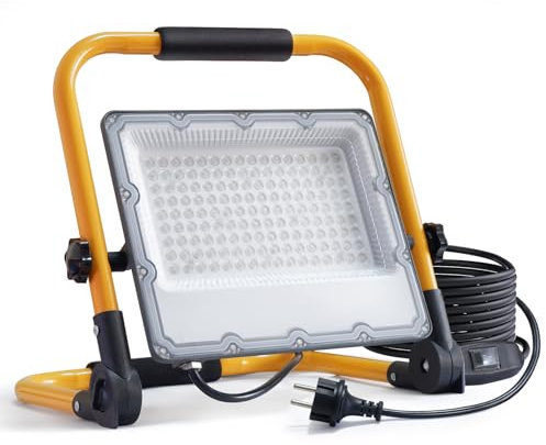 OUSIDE Faretto LED da Cantiere 100W, Portatile Farò LED da Cantiere con Staffa Pieghevole e interruttore impermeabile,4 Metri di Filo,Luce Bianca 6500K,10000 Lumen - Ideale per Edilizia,Officina