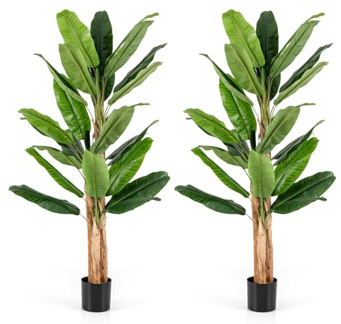 COSTWAY Artificial Banana Plant in Plastic Pot, Bird of Paradise Tree, Indoor Outdoor Greenery Fake Decorative Plants for Home Office Lobby Restaurant Garden（2, 195CM, 3 Trunks）