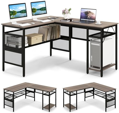 COSTWAY Escritorio Esquinero 140x120 cm, Escritorio en L para 2 Personas, Mesa Escritorio Esquina con Estanteria de Malla, Soporte para CPU