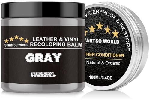 STARTSO WORLD 200ml Leather Recolouring Balm with 100ml Conditioner, Gray Repair Kit for Furniture, Scratch Remover,Leather Colour Restorer for Couches, Car Seats