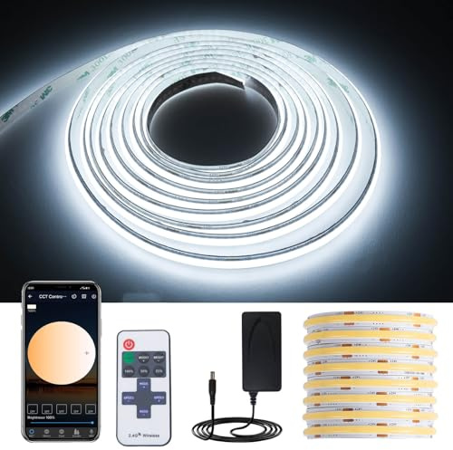 GIDEALED Kit de tiras LED COB CC 24 V, 6000 K, luz blanca fría, regulable, 8 m, flexible, con mando a distancia RF, controlador Bluetooth, fuente de alimentación de 24 V para decoración de oficina en