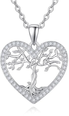 KINGWHYTE Collana da donna con albero della vita, in argento Sterling 925, con ciondolo a forma di cuore e albero con zirconi, per la famiglia e la nonna, Zirconia cubica