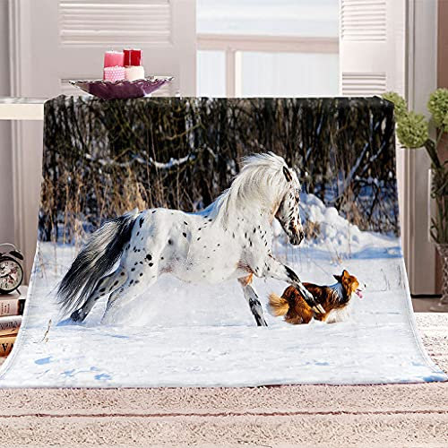 Dicke Kuscheldecke Flauschige Decke Weich & Warm Wohndecke Flanell Fleecedecke Mit Geflecktes Pferd Im Schnee Muster 130X150Cm Gemütlich Langlebig Pflegeleicht Als Sofadecke/Bettüberwurf