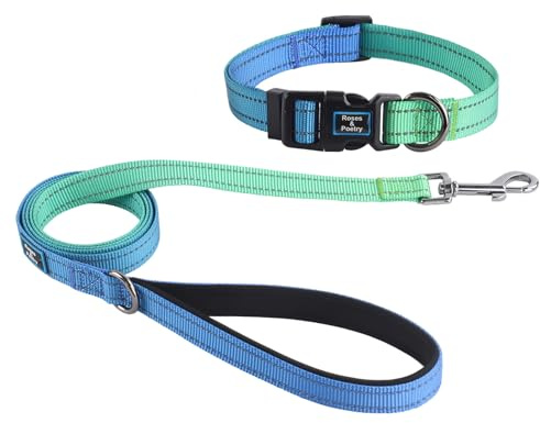 Roses&Poetry Bluegreen Hundehalsband und Leine, Set mit reflektierenden Leinen für Welpen, mit Halsbändern, verstellbar, langlebig, passendes Halsband für mittelgroße Hunde und Mädchen (Blaugrün-M)