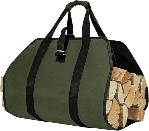 KAMICURE® Firewood Carrier Bag with Handles Wood Sling Carrier Canvas Waxed Large Firewood Holder Fire Log Carrier Firewood Storage Bag Wood Hauler for firewood Outdoor Camouflage/Green (Green)