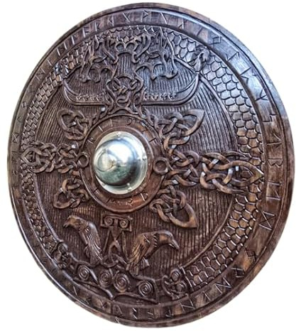 Bouclier viking en bois de 61 cm, bouclier rond médiéval, cadeau viking sculpté, décoration murale, bouclier cosplay, cadeau d'anniversaire, cadeau de mariage, cadeau personnalisé marron, marron, 61