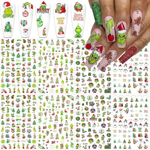 Nagelsticker Weihnachten, 12 Blatt Grinch Nail Sticker, Weihnachtsmann Nagelaufkleber, Grinch Deko Weihnachtssticker Nägel, Dekoration Nageldesign Zubehör (12, A)