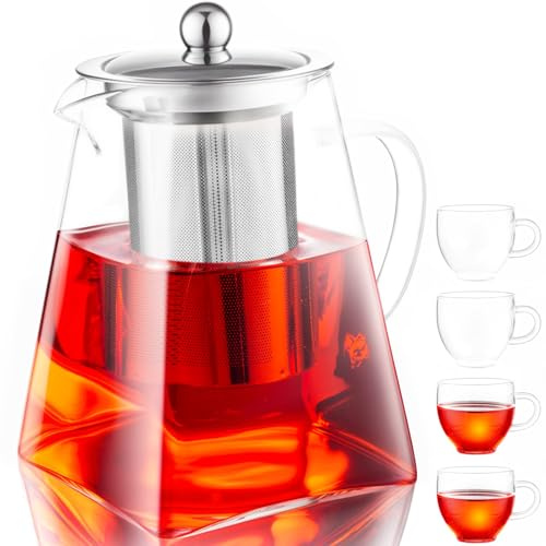 Spring Chef Glass Teapot +4CUPS with Strainer 950ml/32.12oz, Square Glass Tea Pot with Infuser, Removable Infuser Tea Pot Handmade Heat-Resistant Borosilicate