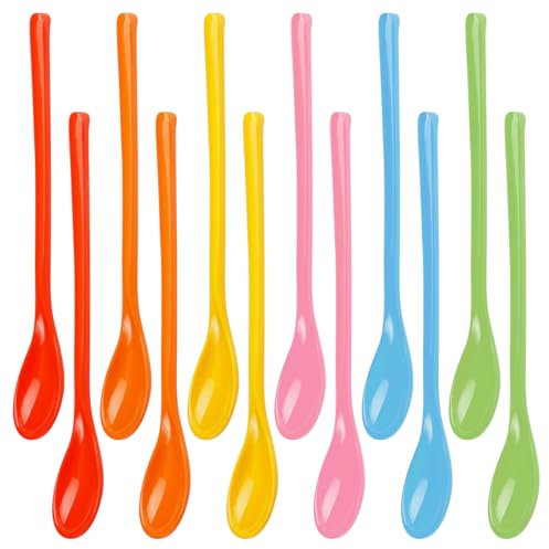 12 Peezzi Cucchiaini Lunghi,18.7 cm Cucchiaini Da Caffè Particolari,6 Colori,Lavabile in Lavastoviglie,Cucchiaio da Dessert,Cucchiai di Plastica Lunghi,Cucchiaio di Plastica Lungo per Yogurt