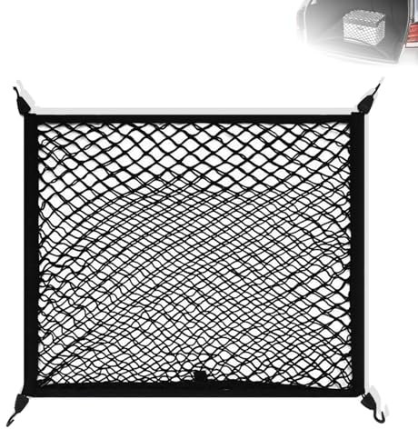 JIHXYER Rete bagagli per auto, 80 x 60 cm, allungabile fino a 160 x 120 cm, rete elastica per bagagliaio con 4 ganci, organizer nero in rete per il fissaggio dei bagagli