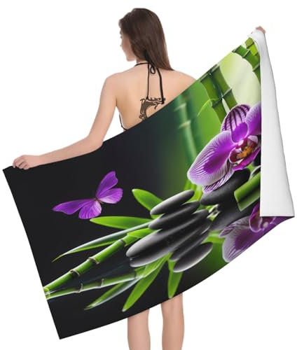 Leichong 3D Bamboo Stone Flower Beach Towel Extra Large Microfiber Soft Quick Dry for Adults, Zen Bath Towel Lightweight Soft Absorbent for Travel Swimming Pool Sports, 100 x 200 cm