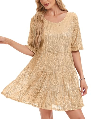 Kyzoeyou Robe longue à paillettes complète pour femmes, robe mi-longue à manches courtes décontractée pour soirée, avec paillettes brillantes, pour une tenue de nuit, M