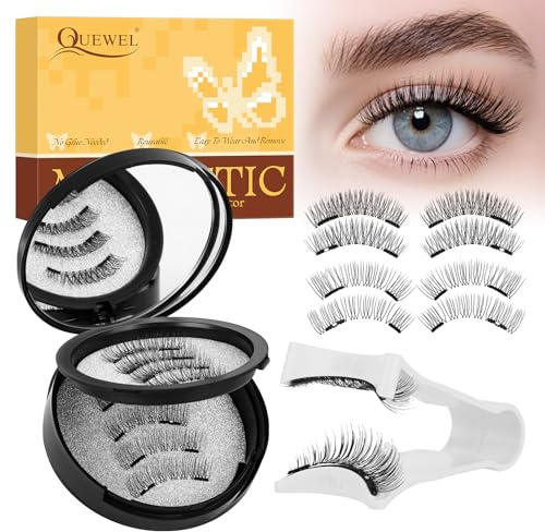 Ciglia magnetiche QUEWEL, 2 paio di ciglia finte magnetiche con applicatore, senza colla, facili da applicare e rimuovere, riutilizzabili per un look naturale, istruzioni incluse (DH02+04)