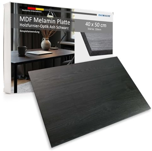 Baumaxxe Tischplatte I 40 x 50 cm I rechteckig I Stärke: 10 mm I schwarz Ash I MDF Platte Melaminbeschichtung beidseitig I DIY-Projekte I bm360