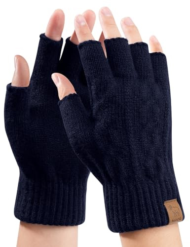Voqeen Fingerlösa handskar kvinnor män 100 % ull termiska vinterhandskar utan fingrar varma pekskärm stickade handskar för arbete körning, Marinblå, Damen (M)