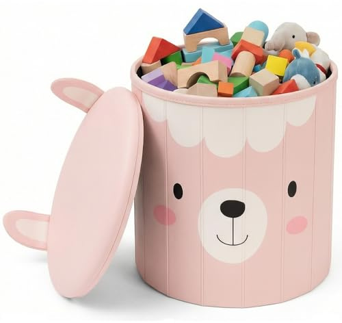 HomeKidsWorlds Kinderhocker Lama - Spielzeugkiste Kinderzimmer, Aufbewahrungsbox mit Deckel, Sitzbox Kinder, Sitzhocker mit Stauraum, Tierhocker für Kinder