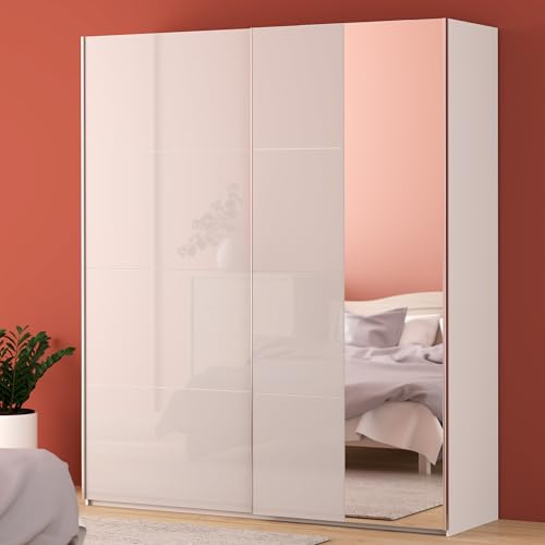 Forte FITTIO Kleiderschrank 200, moderner Schwebetürenschrank, 2-türig, Kleiderstange, Einlegeböden, Spiegel, Schlafzimmer, Holzwerkstoff, Weiß Hochglanz, 200,1 cm breit x 235 cm hoch x 61,2 cm tief