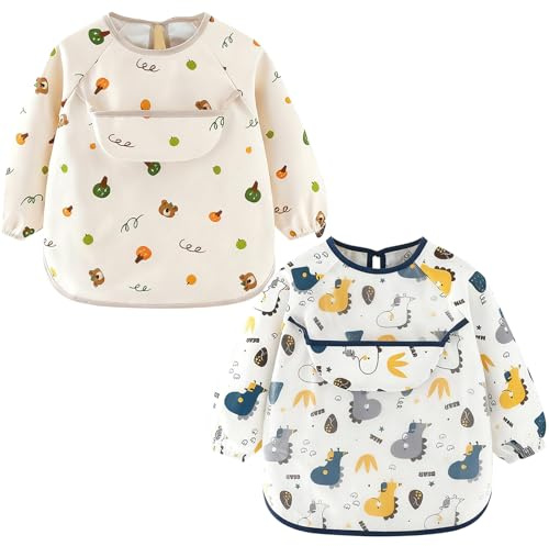 Baby Bibs with Long Sleeves 2 Pcs, Waterproof Weaning Bib with Large Pocket Unisex Machine Washable Adjustable Feeding Apron for Infant Toddler Painting 6 Months to 3 Years Old (Bear & Dinosaur)