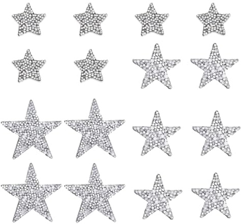 YIPFEN 16 Sterne zum Aufbügeln Silber Glitzer Strass Flicken Patches für Karneval Fasching Halloween Kostüm Aufnäher für Jacke Tasche