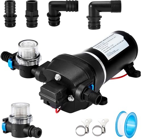 Gedlex Bomba de Agua 12V para Autocaravanas con Filtro de Malla | Bomba de Membrana 20,8 LPM, Presión de Servicio 40 PSI, Potencia 180 W, Corriente 12 A, para Caravanas y Jardines
