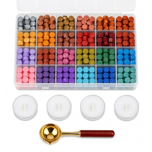 Novocloud 600 Piezas Juego de Sellos de Lacre, 24 Colores Perlas Sellos de Cera Con Velas Té Cuchara, Perlas Cera de Sellado Octágono para Invitaciones de Boda Sobres Envoltura de Regalos