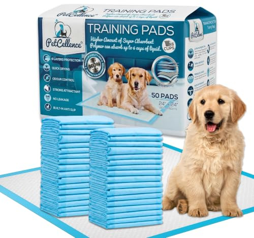 PetCellence Welpenunterlage 50 Stück, Trainingsmatte Hundeklo - Ultra Saugfähig Größe 60x60cm - Hygieneunterlagen für Haustiere mit rutschfeste Klebelaschen