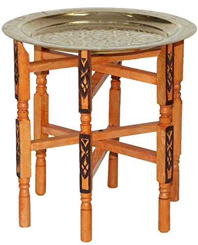 Casa Moro Orientalischer Teetisch marokkanischer Beistelltisch Karam 60 mit Messing-Tablett Ø 60 cm | klappbarer Holz-Tisch mit Serviertablett Farbe Gold | TA6063