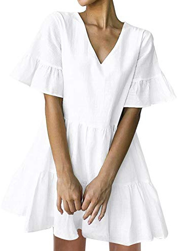 FANCYINN Mini robe droite ample avec poches, manches évasées, ourlet à volants et col en V - Jolie tunique fluide pour femme, blanc, Taille XL