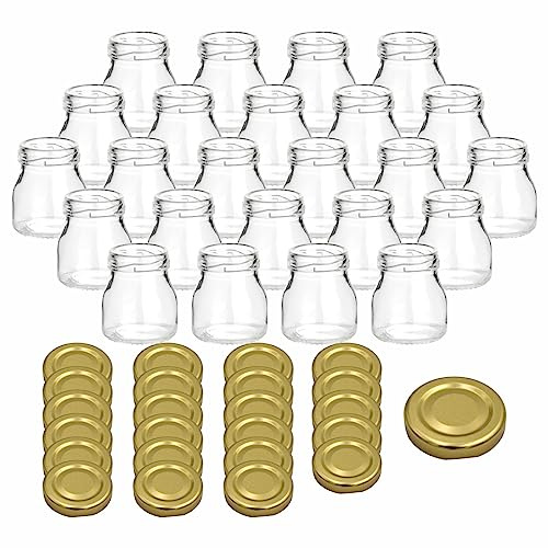 gouveo 24er Set Einmachgläser 50 ml Mini mit Schraub-Deckel goldfarben - Mini Vorratsgläser mit Drehverschluss - Runde Marmeladengläschen zum Einkochen, Befüllen, Servieren (EGR050G)