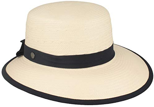 Breiter ORIGINAL Panamahatt, halmhatt, sommarhatt, 100 % halm, UV-skydd 50+, asymetrisk brätte och enkel, tillverkad i Ecuador, Vit marinblå, M
