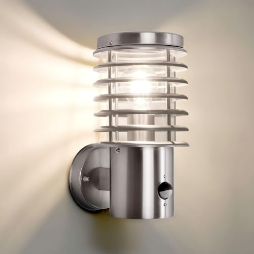 max K O M F O R T Aussenleuchte mit Bewegungsmelder Aussenwandleuchte Edelstahl E27 Fassung für LED geeignet Wandlampe 252D1 (Wandleuchte mit Sensor)