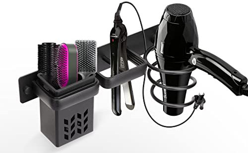 YUET Haartrocknerhalter mit Kabelhalter Föhnhalter Wandmontage, Halterung für Haartrockner und Glätteisen Aluminium, Badorganizer Multifunktional Hotel Baderzimmer Wohnzimmer Barbershop, Schwarz
