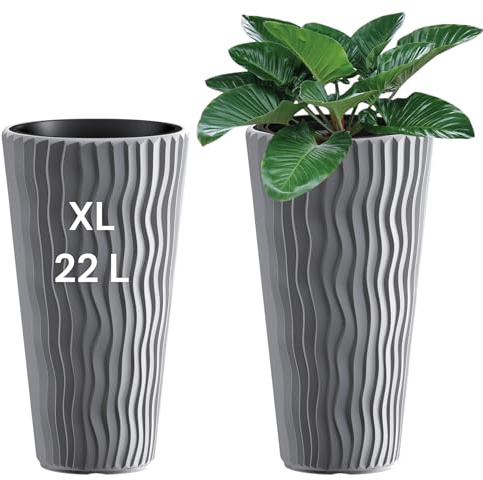 MELTOM Pflanzkübel XL hoch mit Einsatz, Blumentopf 3D 29 x 51,5 cm Grau | Pflanzkübel XL: Gefäß 22 L, Einsatz 8 L mit Griffen – 3D-Wellenoptik für Wohnzimmer, Büro, Balkon, Terrasse und Garten