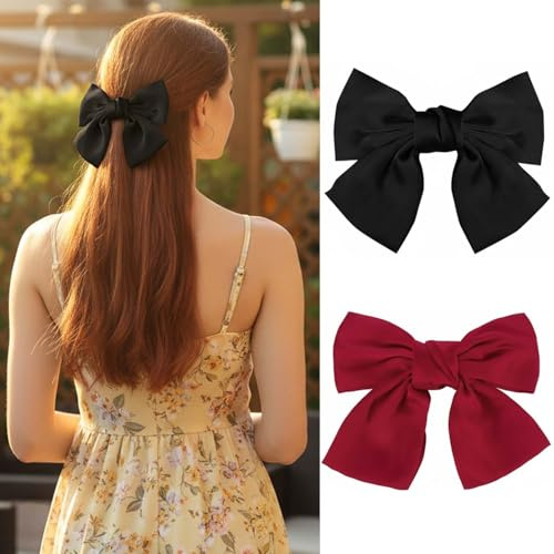 Schleife Haarspange, 2 Stück Frauen Haarschleifen Große Schleife Haarspange Französische Haarspangen Mädchen Haarspangen (Schwarz + Rot)