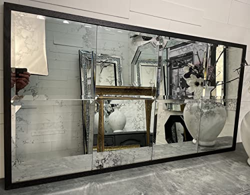 Fabulous Mirrors Contemporary Antique Distressed Glass Window Mirror Simple Wooden Black Frame - 123cm x 63cm - 8 Pane