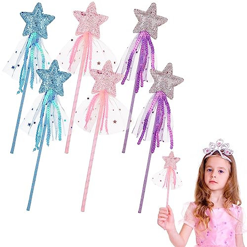 Prasacco 6 Stück Zauberstäbe für Kinder, Glitzer Stern Zauberstab Prinzessin Zauberstab 28,5 x 6,5 cm Feenstab für Halloween-Verkleidung, Weihnachtskostüm-Requisiten, Geburtstagsparty-Zubehör, Cosplay