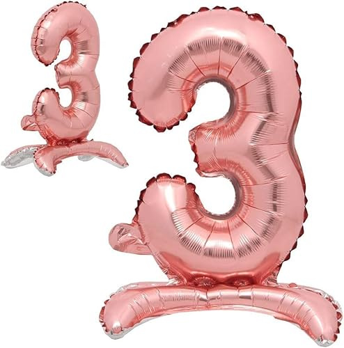 Stehende Luftballons * Zahlen 0 bis 9 * in Gold + Silber + Rosegold | 86cm groß; kein Helium nötig | Stehballons Geburtstag Deko Zahl Party Kindergeburtstag Partydeko, Farbe: Zahl 3 Rosegold