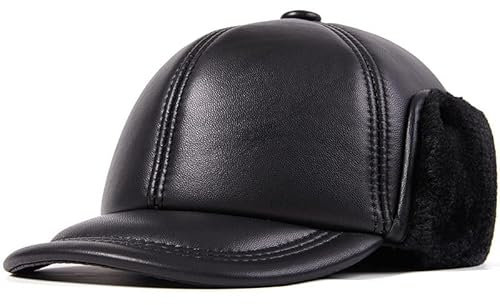 VKEID Herr läderhatt vinter tjockare ner i äldre varm mössa läder anka tunga baseballkeps Thunderbolt hatt herrhattar, Svart, XL