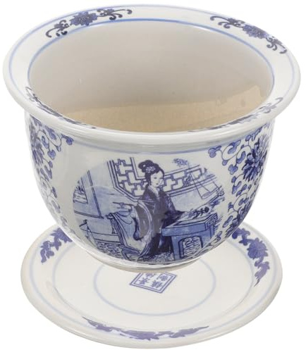 Happyyami Blue and White Ceramic Planter with Drainage Hole Saucer Chinese Porcelain Flower Pot Plant Container for Indoor Plants