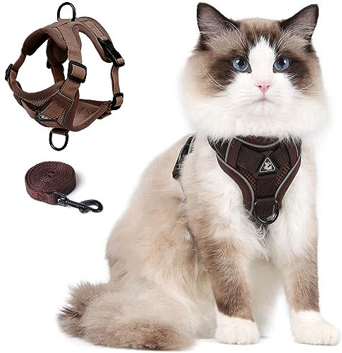 Cat Harness and Leash Set Katzengeschirr mit Leinen Set, Ausbruchsicher Verstellbare Weste mit Leine für Das Spazierengehen mit Kätzchen im Freien, Weiche Netzjacke mit Reflektorstreifen (M, Braun)
